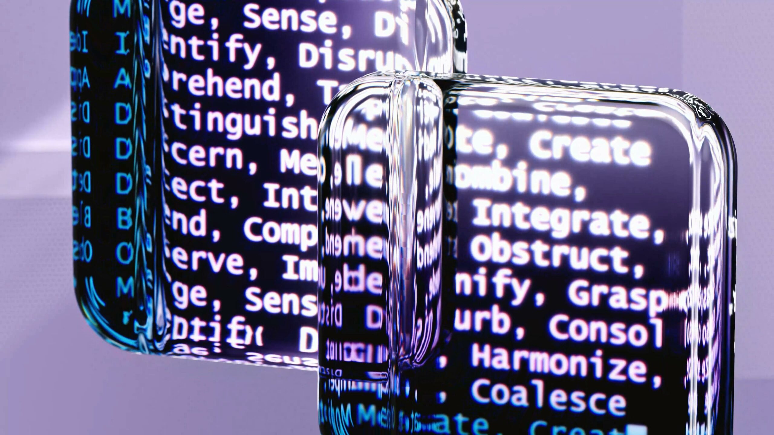 Ein abstraktes Bild mit digitalem Text, der auf glänzenden, reflektierenden Oberflächen angezeigt wird. Die Buchstaben sind groß und teilweise verzerrt, und die Wörter sind teilweise erkennbar, darunter Begriffe wie "Create", "Sense", und "Disrupt". Der Hintergrund ist in violett gehalten.